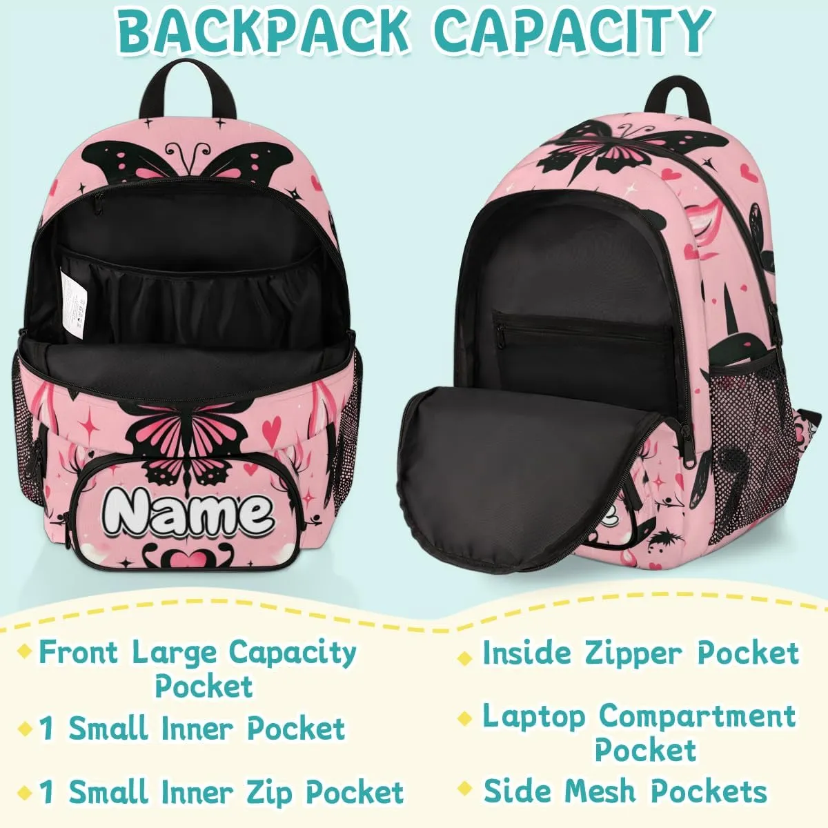 Retro Butterfly Large Custom Backpack with Name Lightweight Personalized Shoulder Bag Backpack for Women Men Waterproof Casual Daypack Laptop Bag 16.7in