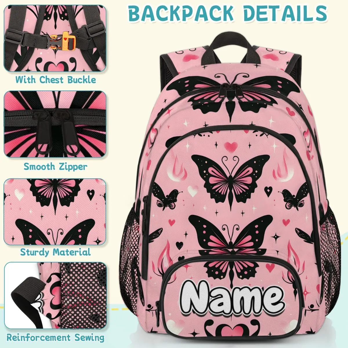 Retro Butterfly Large Custom Backpack with Name Lightweight Personalized Shoulder Bag Backpack for Women Men Waterproof Casual Daypack Laptop Bag 16.7in