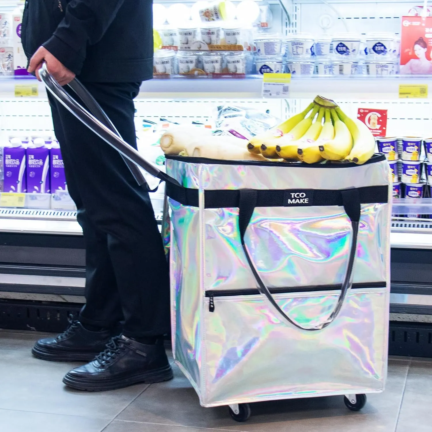 Reusable Grocery Bag on Wheels, Rolling Shopping Bags with Wheels and Handle, Folding Rolling Tote Trolley, 3 Pockets and Zipper Cover, Carries Up to 46 LBS (Medium, Phantom White)