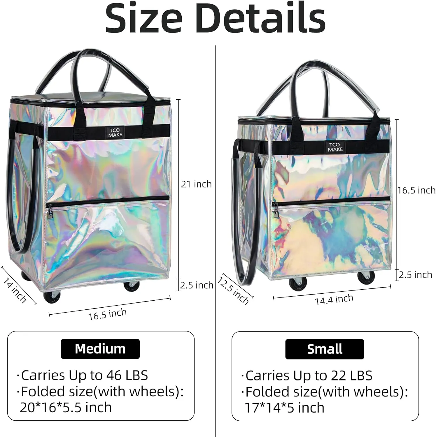 Reusable Grocery Bag on Wheels, Rolling Shopping Bags with Wheels and Handle, Folding Rolling Tote Trolley, 3 Pockets and Zipper Cover, Carries Up to 46 LBS (Medium, Phantom White)