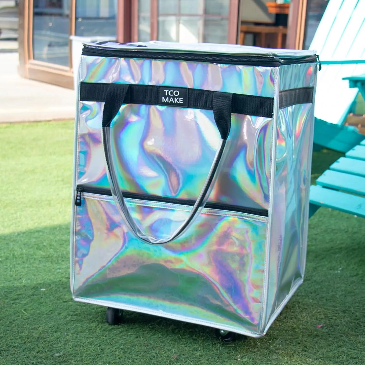 Reusable Grocery Bag on Wheels, Rolling Shopping Bags with Wheels and Handle, Folding Rolling Tote Trolley, 3 Pockets and Zipper Cover, Carries Up to 46 LBS (Medium, Phantom White)