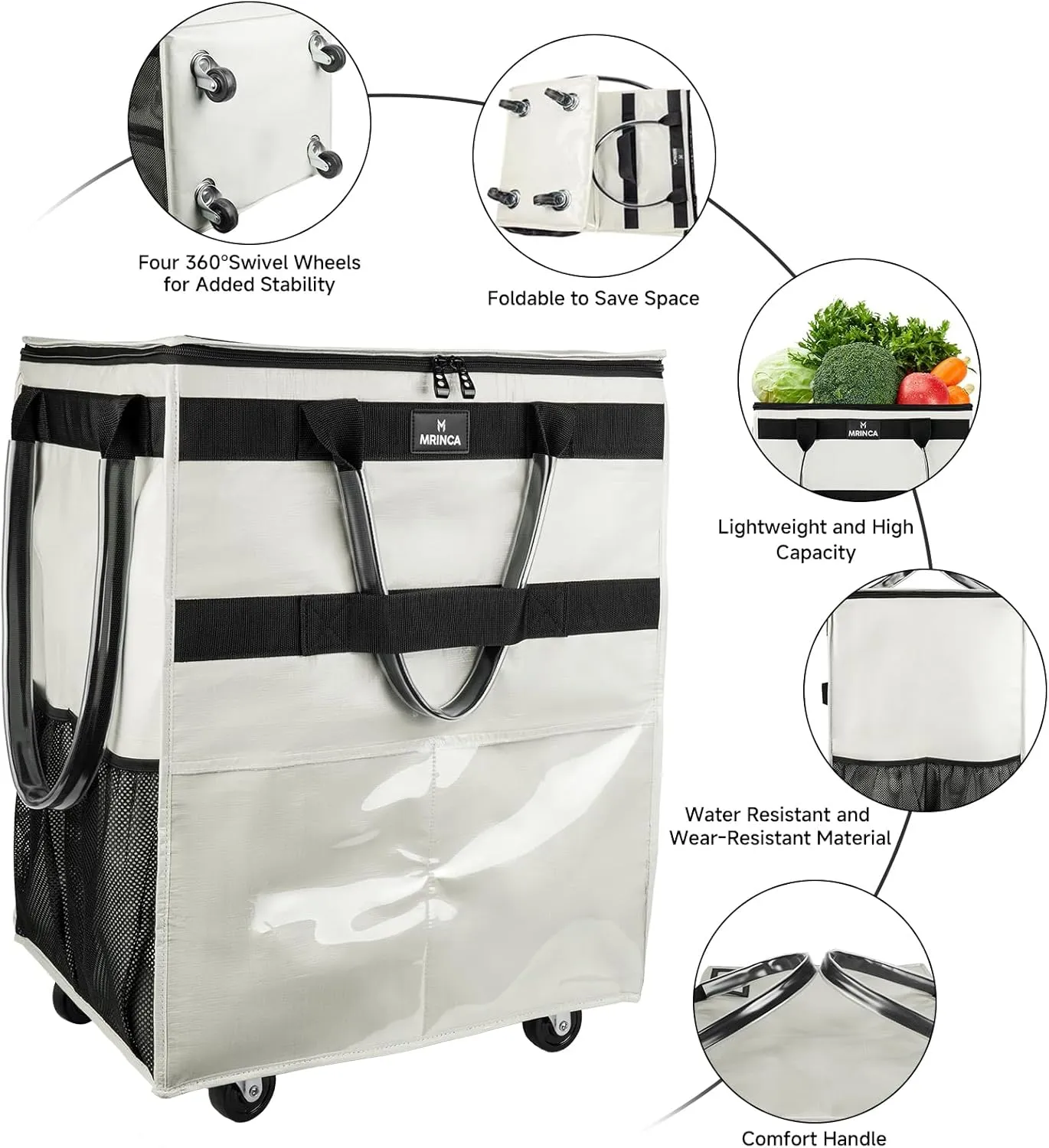 Reusable Grocery Bag with Wheels,Foldable Shopping Rolling Tote Bag,Shopping Trolley Cart with Zippered Top,Heavy Duty Handles,Lightweight,Carries Up to 46 LBS,Medium,Beige