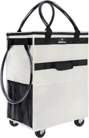 Reusable Grocery Bag with Wheels,Foldable Shopping Rolling Tote Bag,Shopping Trolley Cart with Zippered Top,Heavy Duty Handles,Lightweight,Carries Up to 46 LBS,Medium,Beige