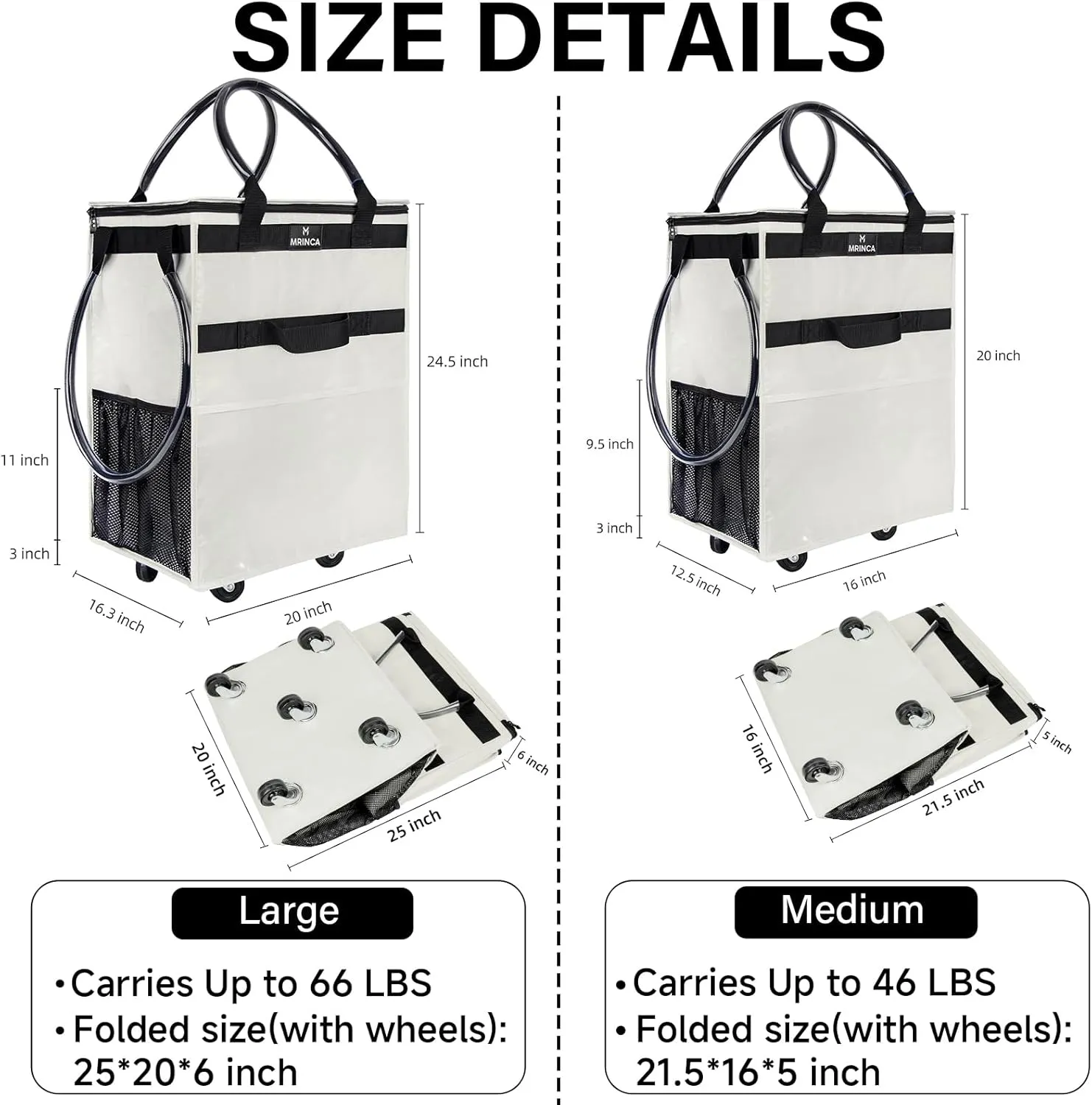 Reusable Grocery Bag with Wheels,Foldable Shopping Rolling Tote Bag,Shopping Trolley Cart with Zippered Top,Heavy Duty Handles,Lightweight,Carries Up to 46 LBS,Medium,Beige