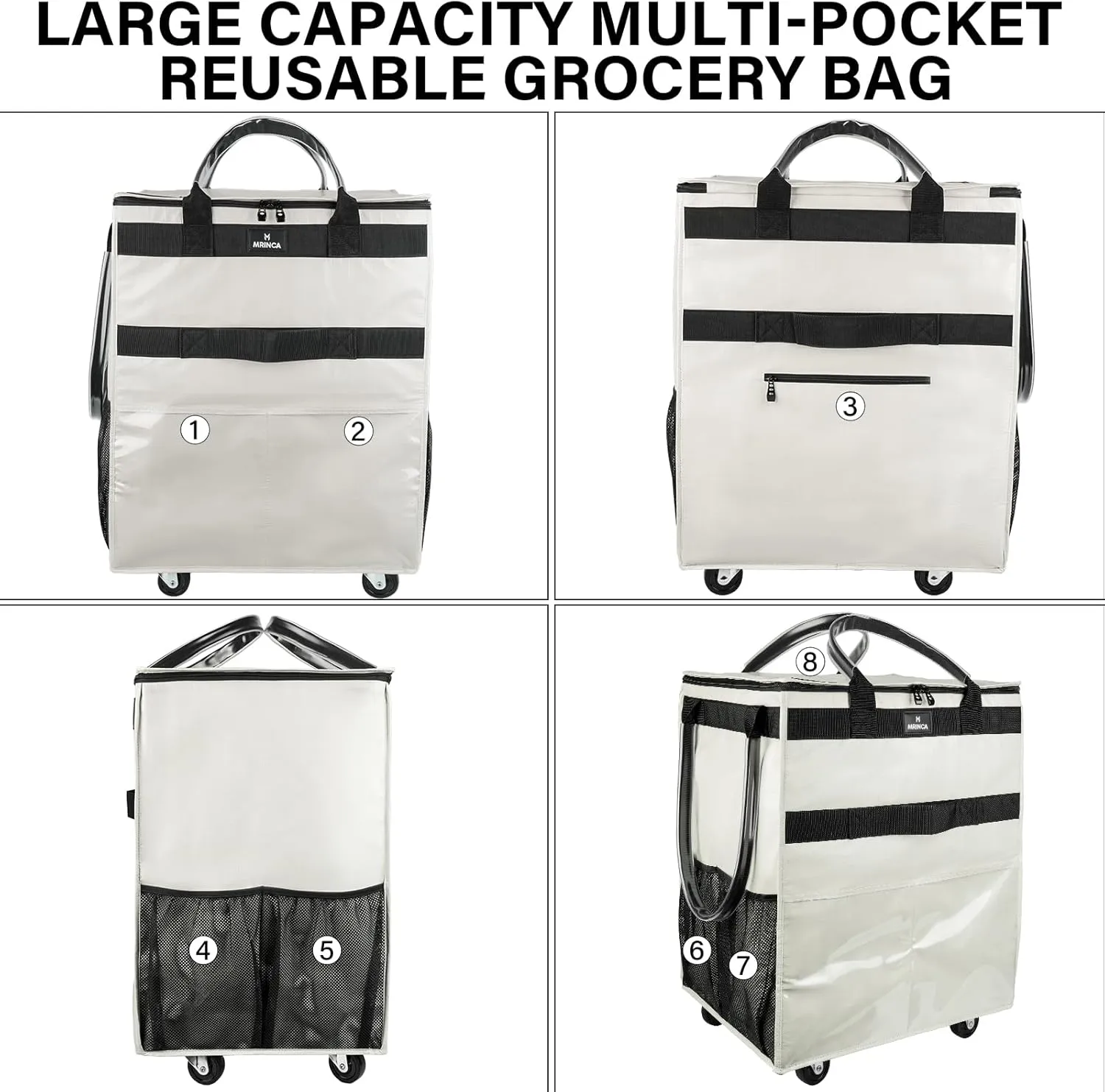 Reusable Grocery Bag with Wheels,Foldable Shopping Rolling Tote Bag,Shopping Trolley Cart with Zippered Top,Heavy Duty Handles,Lightweight,Carries Up to 46 LBS,Medium,Beige