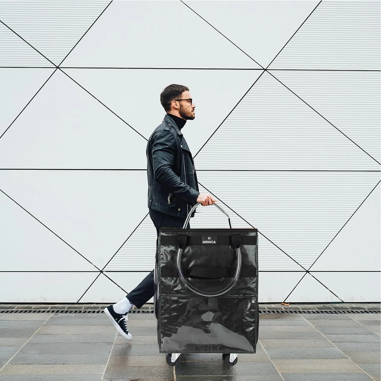 Reusable Grocery Bag with Wheels,Foldable Shopping Rolling Tote Bag,Shopping Trolley Cart with Zippered Top,Heavy Duty Handles,Lightweight,Carries Up to 66 LBS,Large,Black