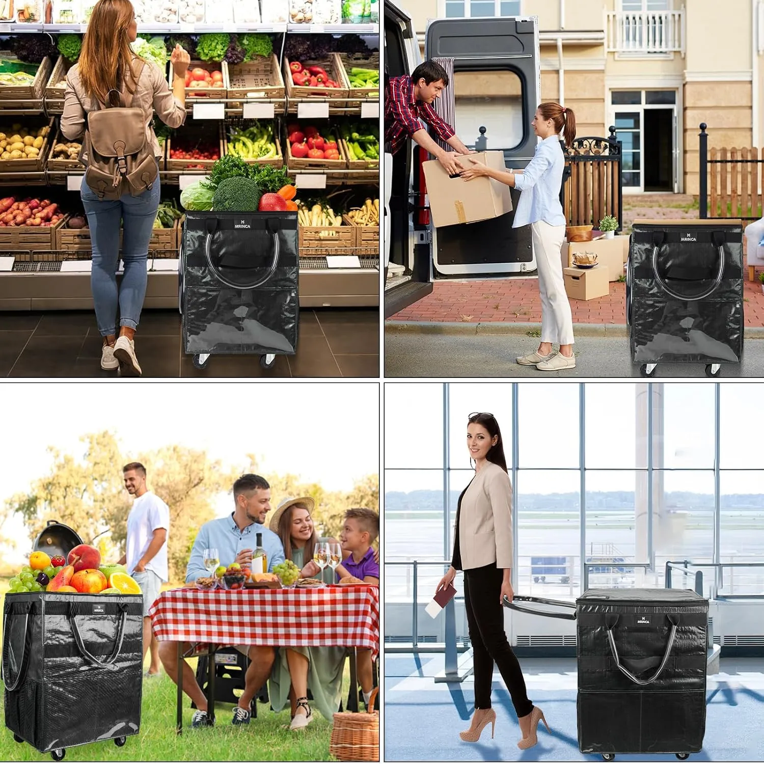 Reusable Grocery Bag with Wheels,Foldable Shopping Rolling Tote Bag,Shopping Trolley Cart with Zippered Top,Heavy Duty Handles,Lightweight,Carries Up to 66 LBS,Large,Black