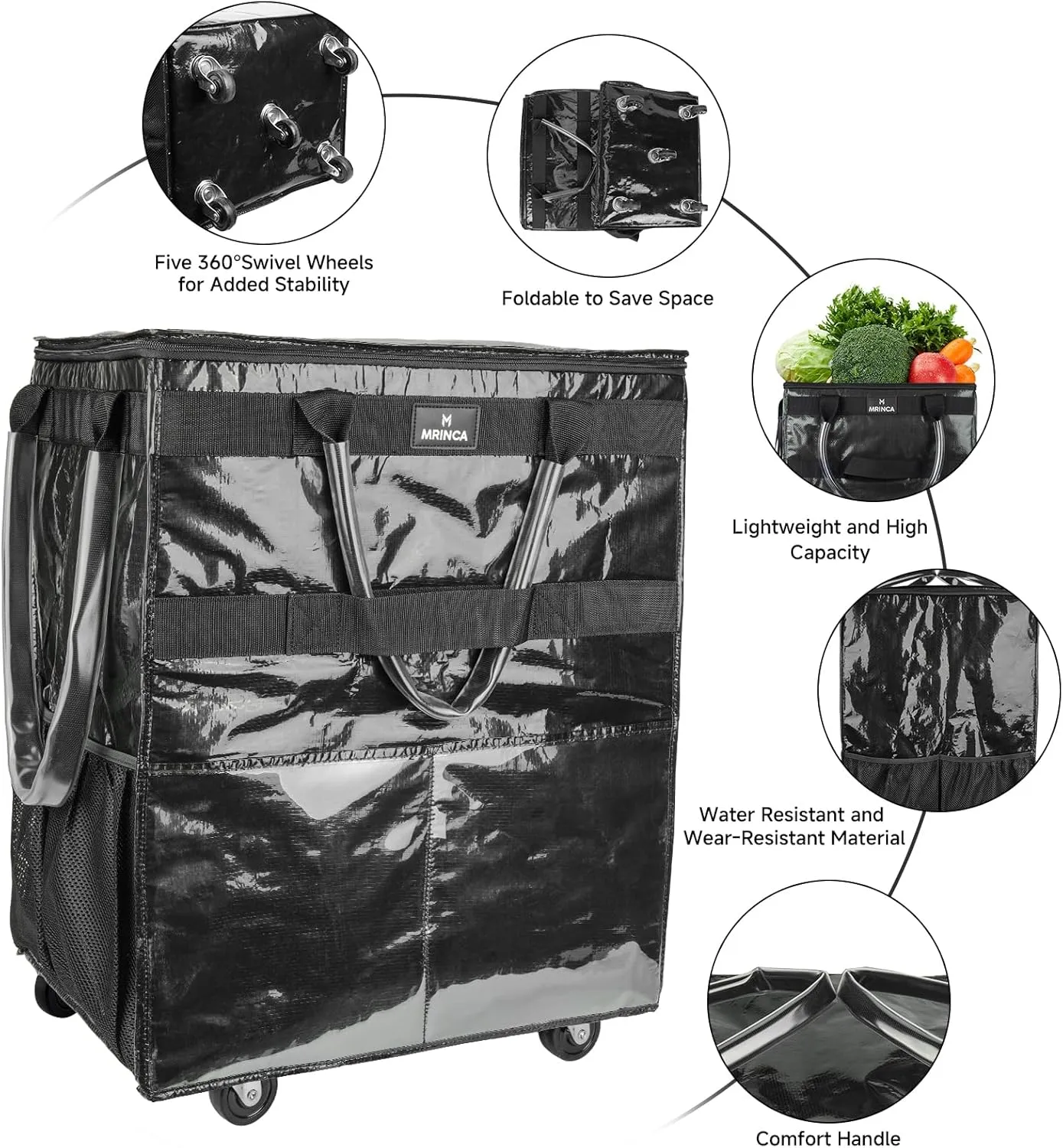 Reusable Grocery Bag with Wheels,Foldable Shopping Rolling Tote Bag,Shopping Trolley Cart with Zippered Top,Heavy Duty Handles,Lightweight,Carries Up to 66 LBS,Large,Black