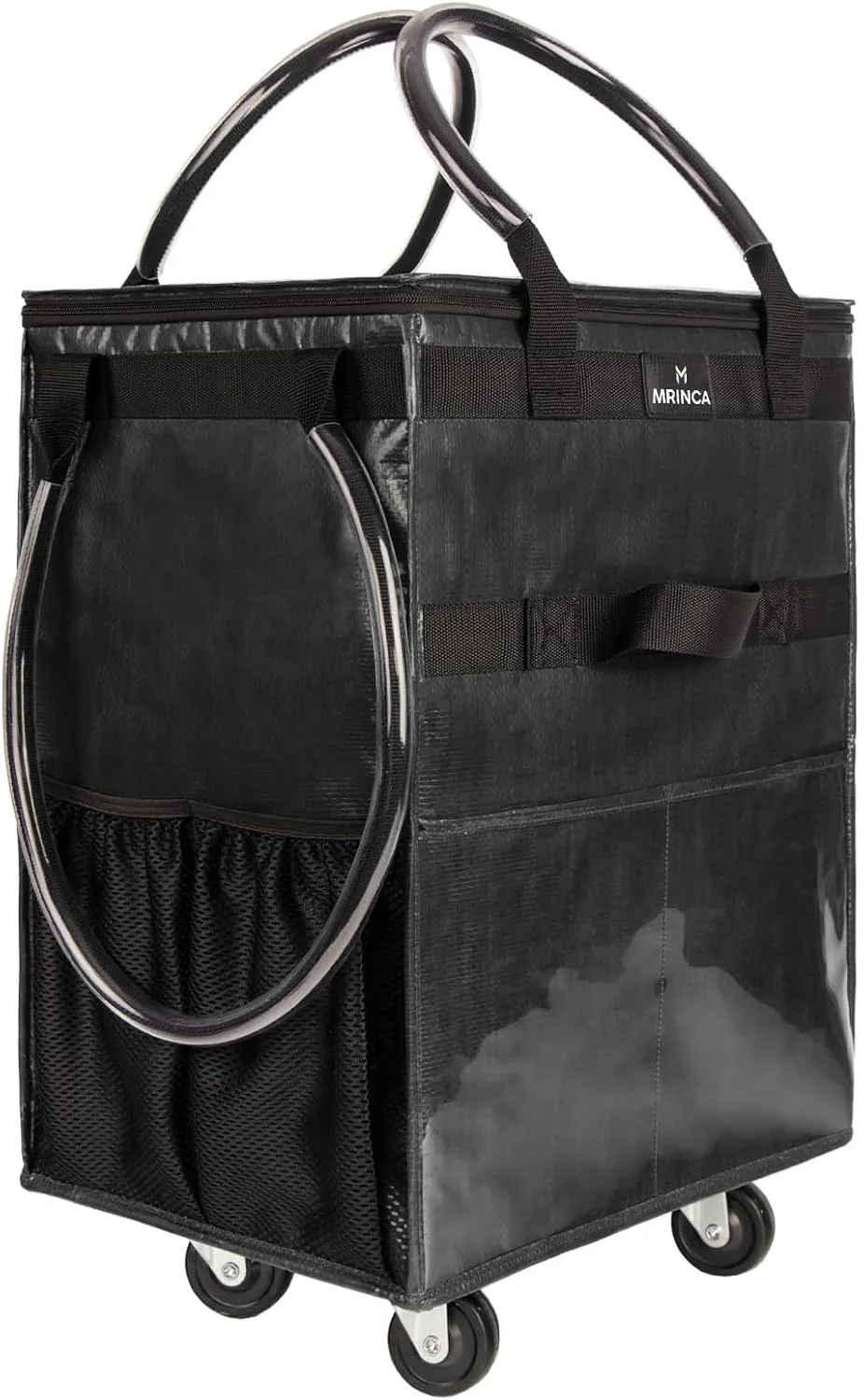 Reusable Grocery Bag with Wheels,Foldable Shopping Rolling Tote Bag,Shopping Trolley Cart with Zippered Top,Heavy Duty Handles,Lightweight,Carries Up to 66 LBS,Large,Black