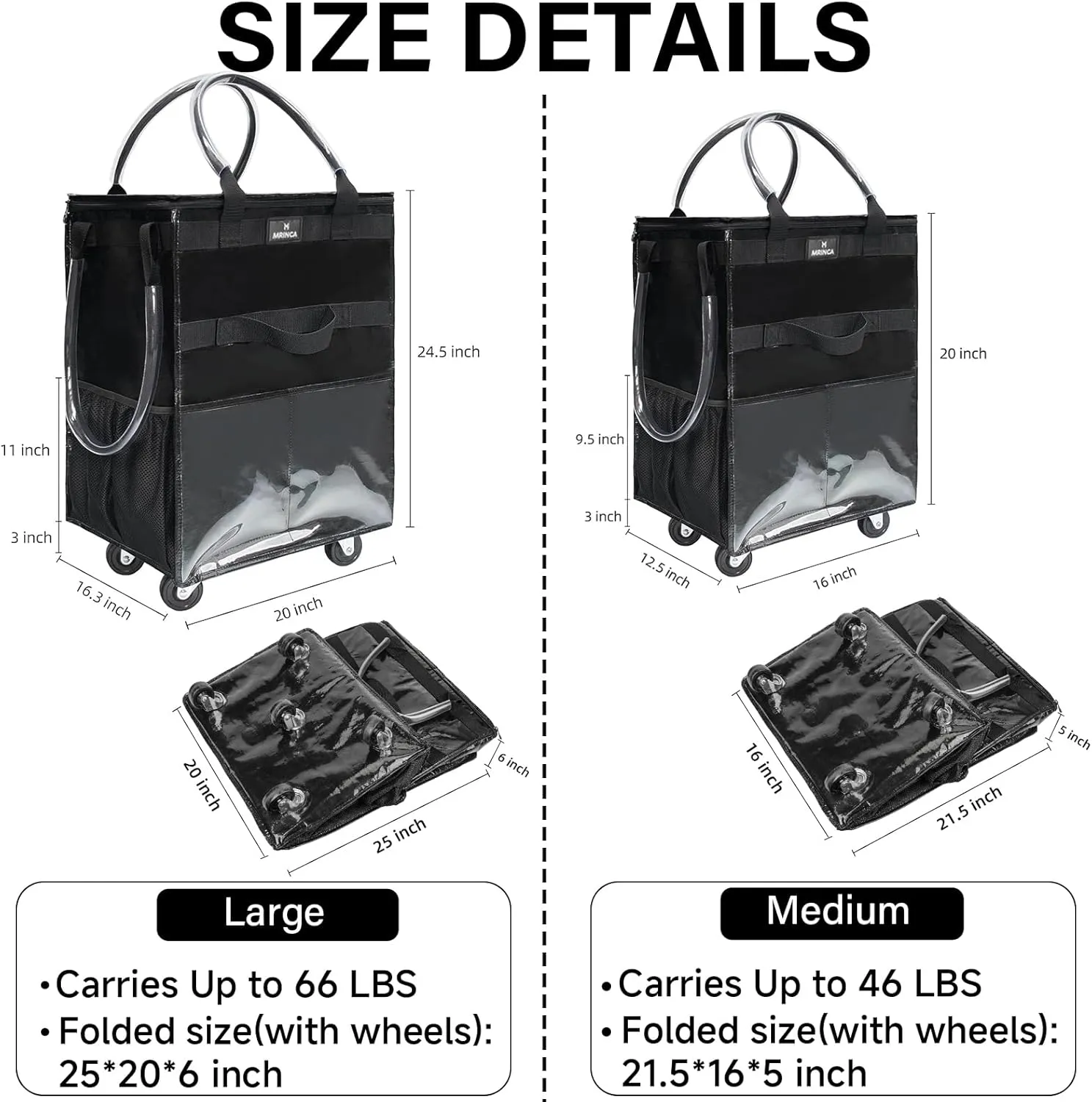 Reusable Grocery Bag with Wheels,Foldable Shopping Rolling Tote Bag,Shopping Trolley Cart with Zippered Top,Heavy Duty Handles,Lightweight,Carries Up to 66 LBS,Large,Black