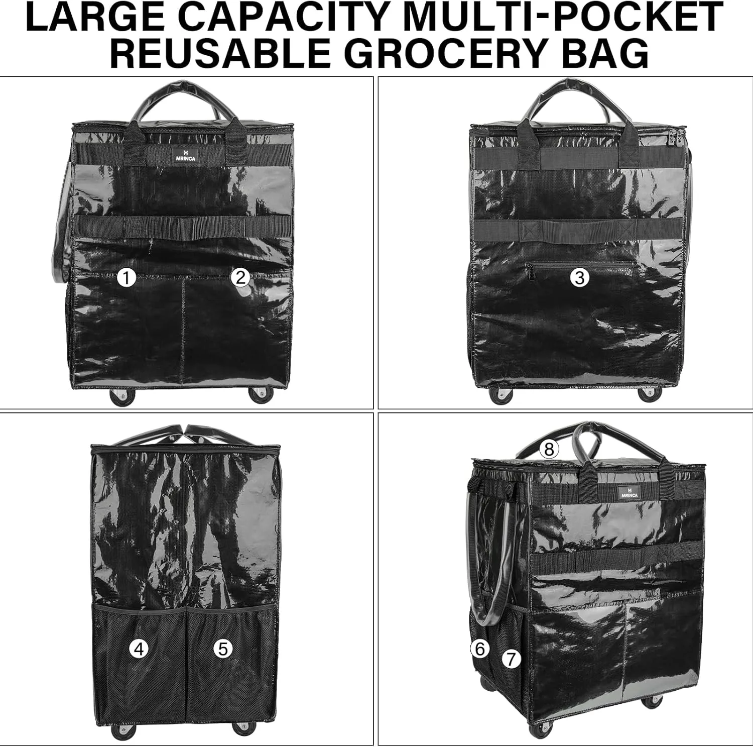 Reusable Grocery Bag with Wheels,Foldable Shopping Rolling Tote Bag,Shopping Trolley Cart with Zippered Top,Heavy Duty Handles,Lightweight,Carries Up to 66 LBS,Large,Black