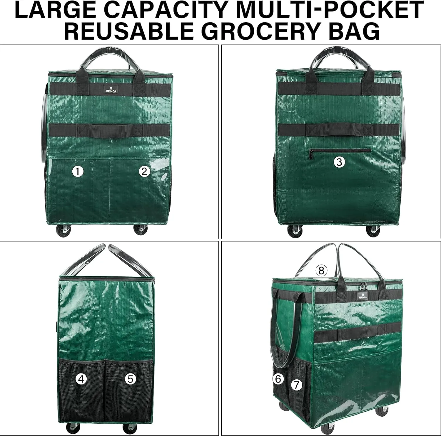 Reusable Grocery Bag with Wheels,Foldable Shopping Rolling Tote Bag,Shopping Trolley Cart with Zippered Top,Heavy Duty Handles,Lightweight,Carries Up to 66 LBS,Large,Green
