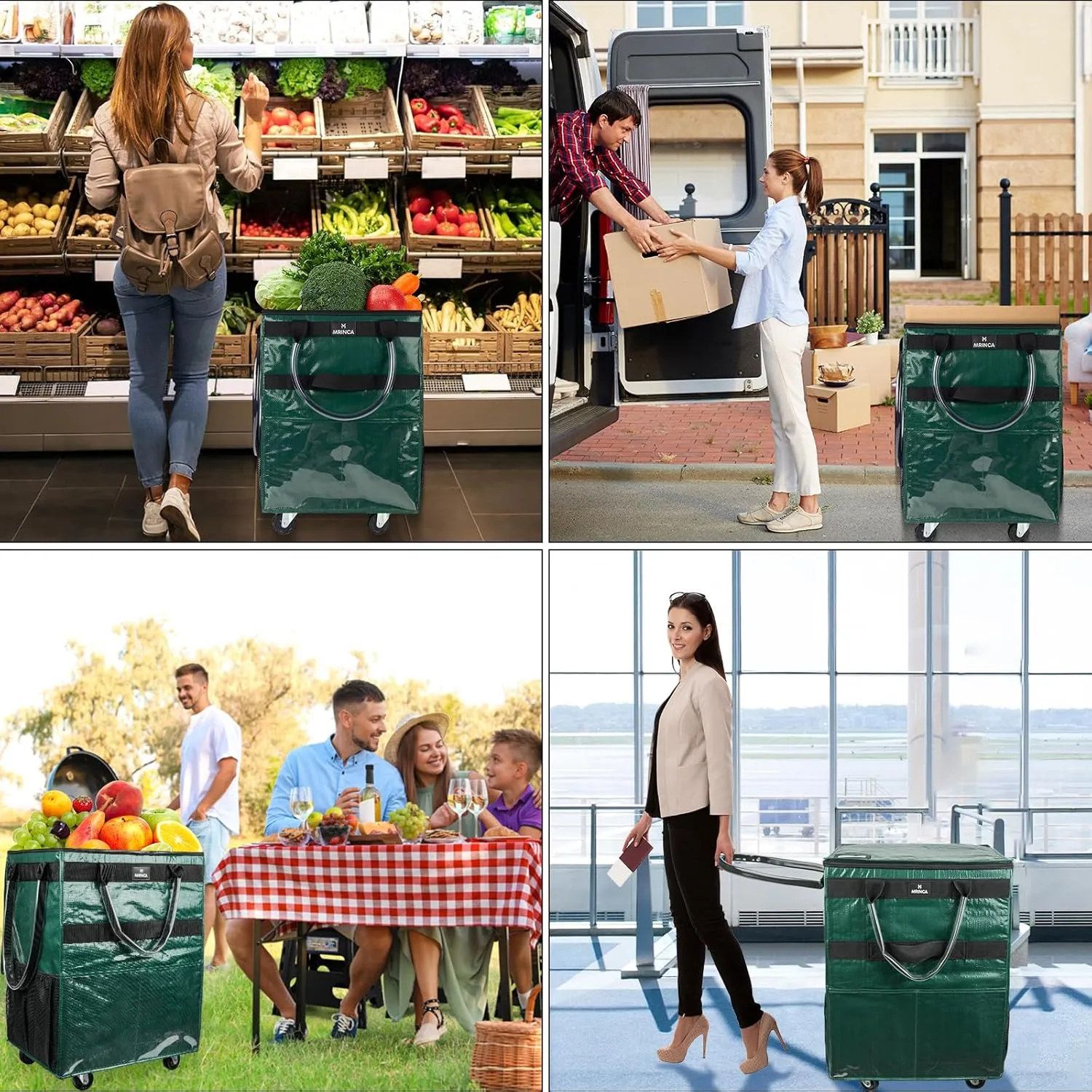Reusable Grocery Bag with Wheels,Foldable Shopping Rolling Tote Bag,Shopping Trolley Cart with Zippered Top,Heavy Duty Handles,Lightweight,Carries Up to 66 LBS,Large,Green