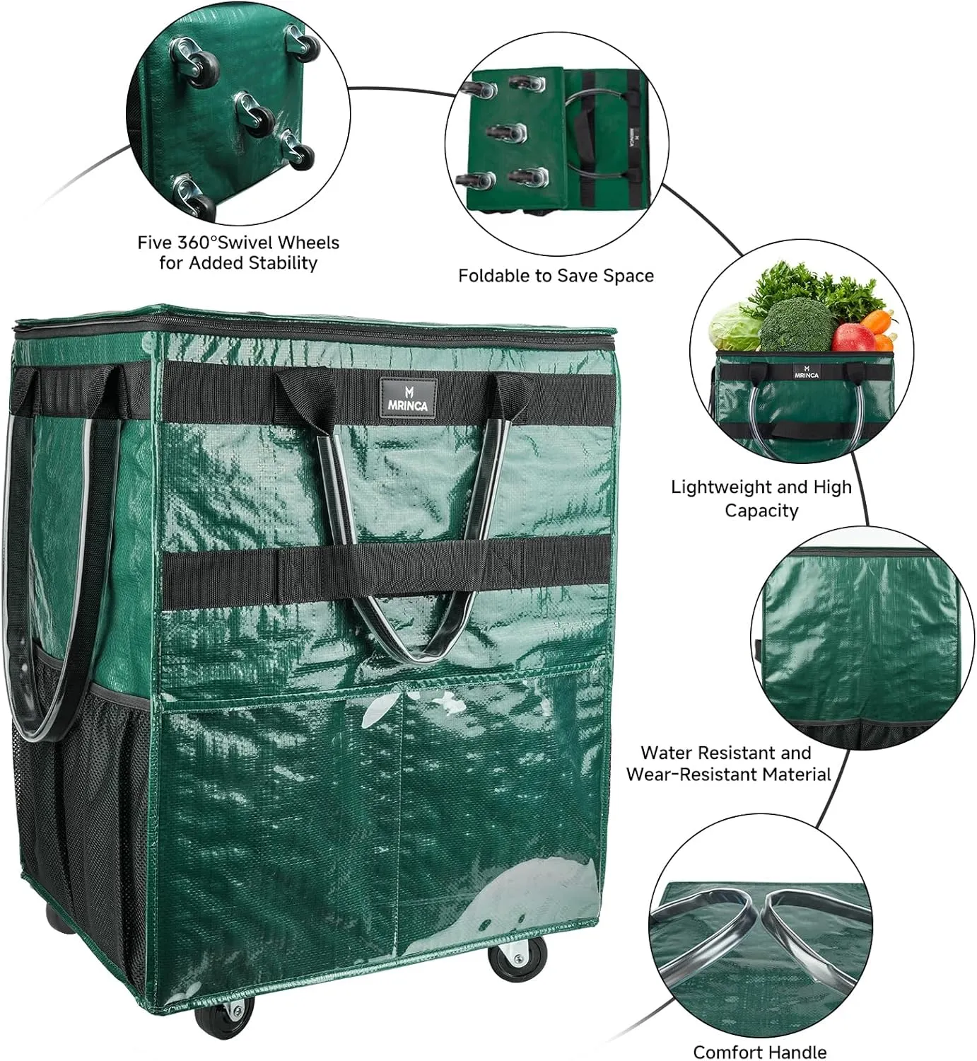 Reusable Grocery Bag with Wheels,Foldable Shopping Rolling Tote Bag,Shopping Trolley Cart with Zippered Top,Heavy Duty Handles,Lightweight,Carries Up to 66 LBS,Large,Green