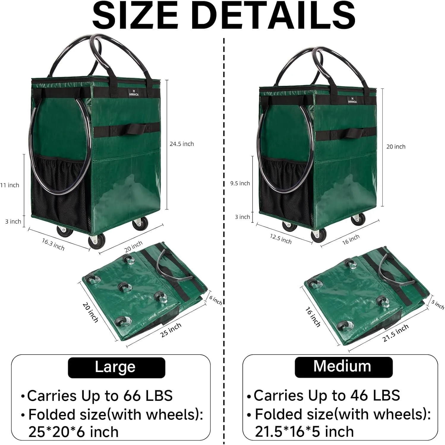 Reusable Grocery Bag with Wheels,Foldable Shopping Rolling Tote Bag,Shopping Trolley Cart with Zippered Top,Heavy Duty Handles,Lightweight,Carries Up to 66 LBS,Large,Green