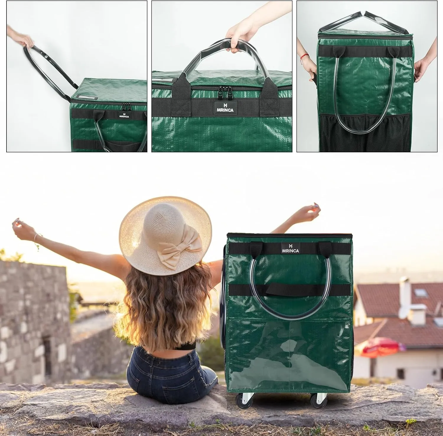 Reusable Grocery Bag with Wheels,Foldable Shopping Rolling Tote Bag,Shopping Trolley Cart with Zippered Top,Heavy Duty Handles,Lightweight,Carries Up to 66 LBS,Large,Green