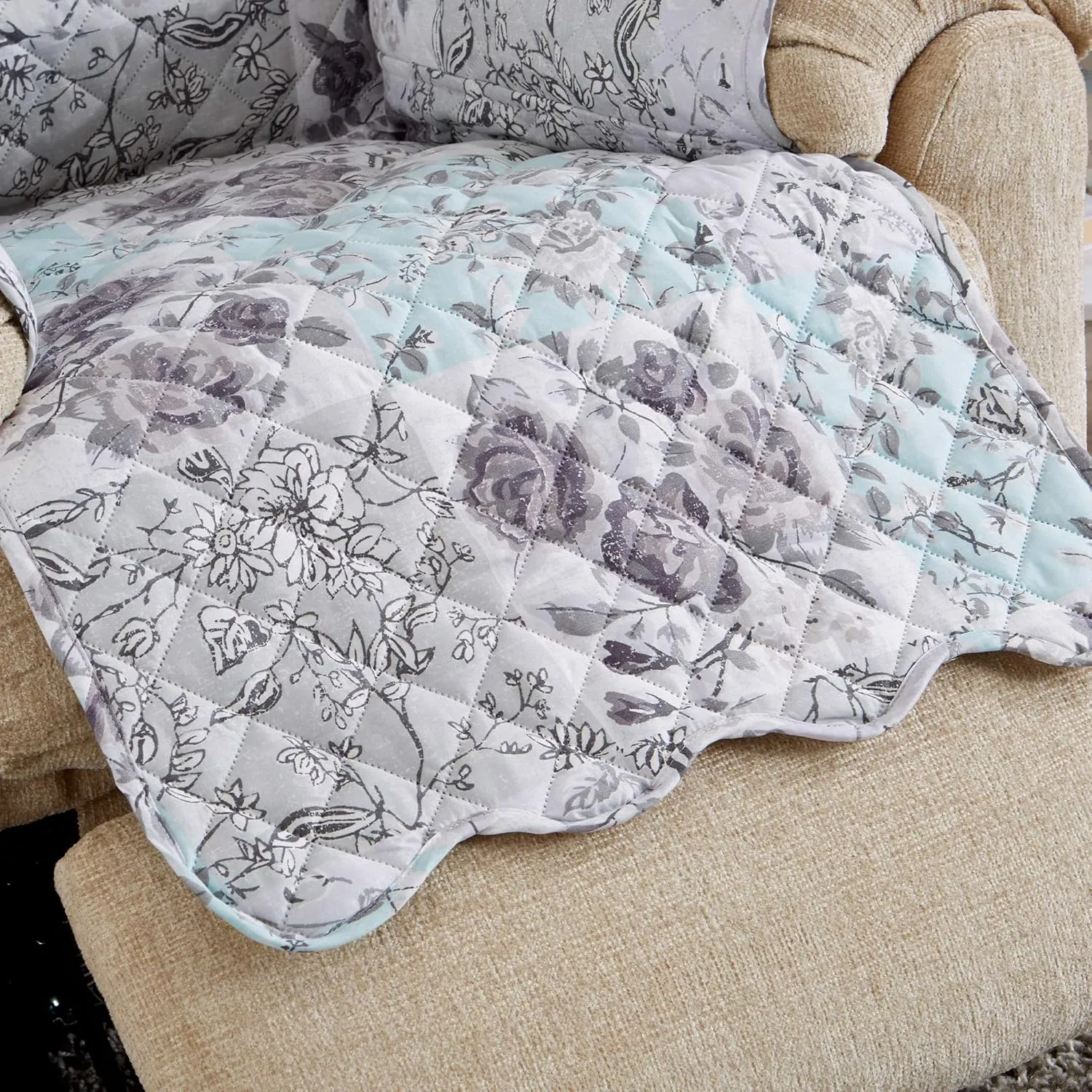 Reversible Floral Patchwork Furniture Protector Scalloped Edge Stain Resistant Printed Furniture Protector Maribel Collection (Recliner, Gray/Aqua)