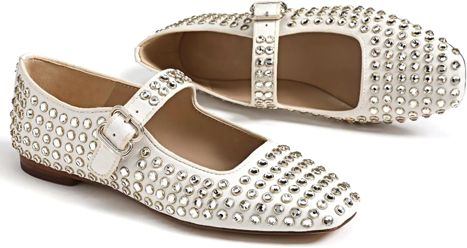 Rhinestone Flats for Women Studded Ballet Flats Sparkly Square Toe Buckle Strap Ballerina Mary Jane Shoes