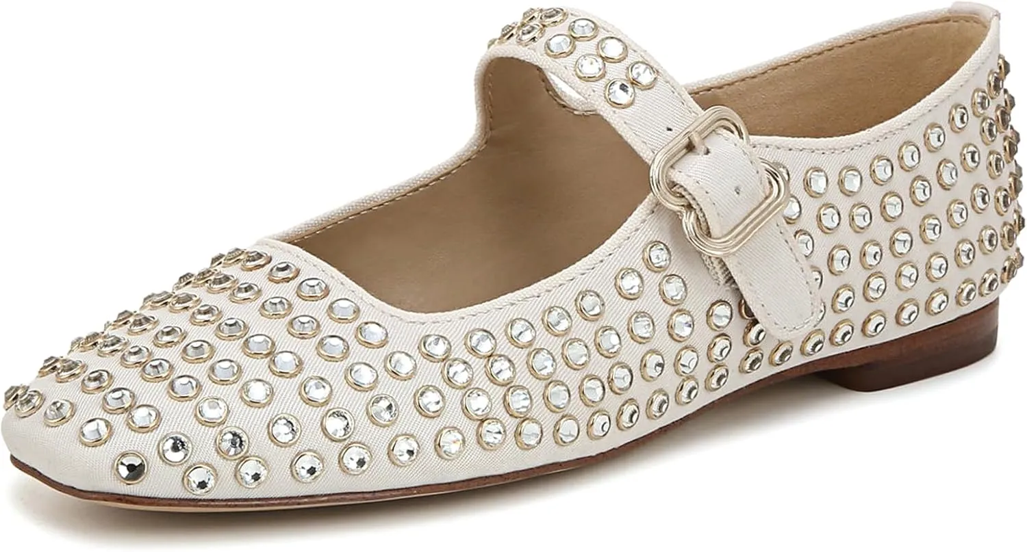 Rhinestone Flats for Women Studded Ballet Flats Sparkly Square Toe Buckle Strap Ballerina Mary Jane Shoes