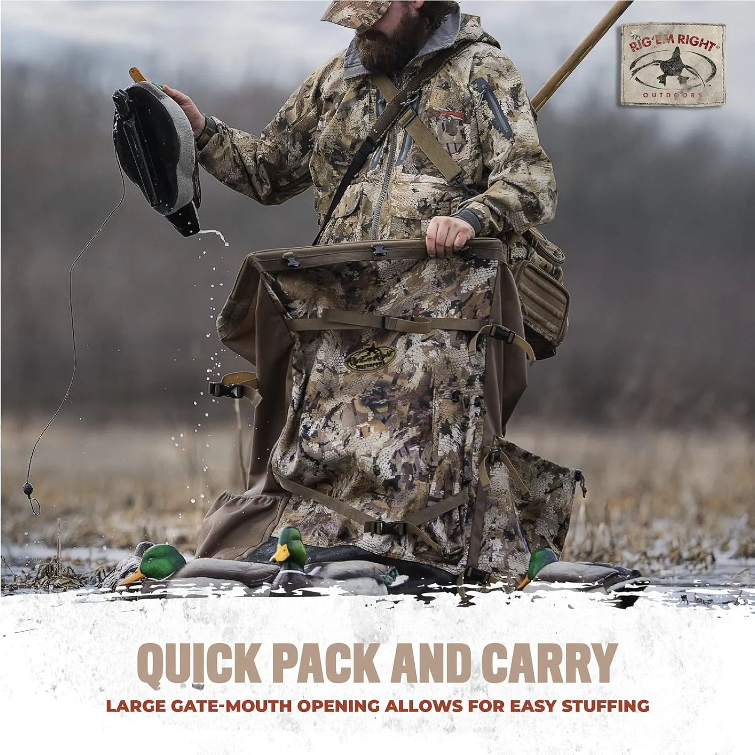 Rig'Em Right Waterfowl Refuge Runner Decoy Duck Hunting Backpack with Deluxe Padded Backrest and Shoulder Straps (Gore Optifade Marsh Camo)