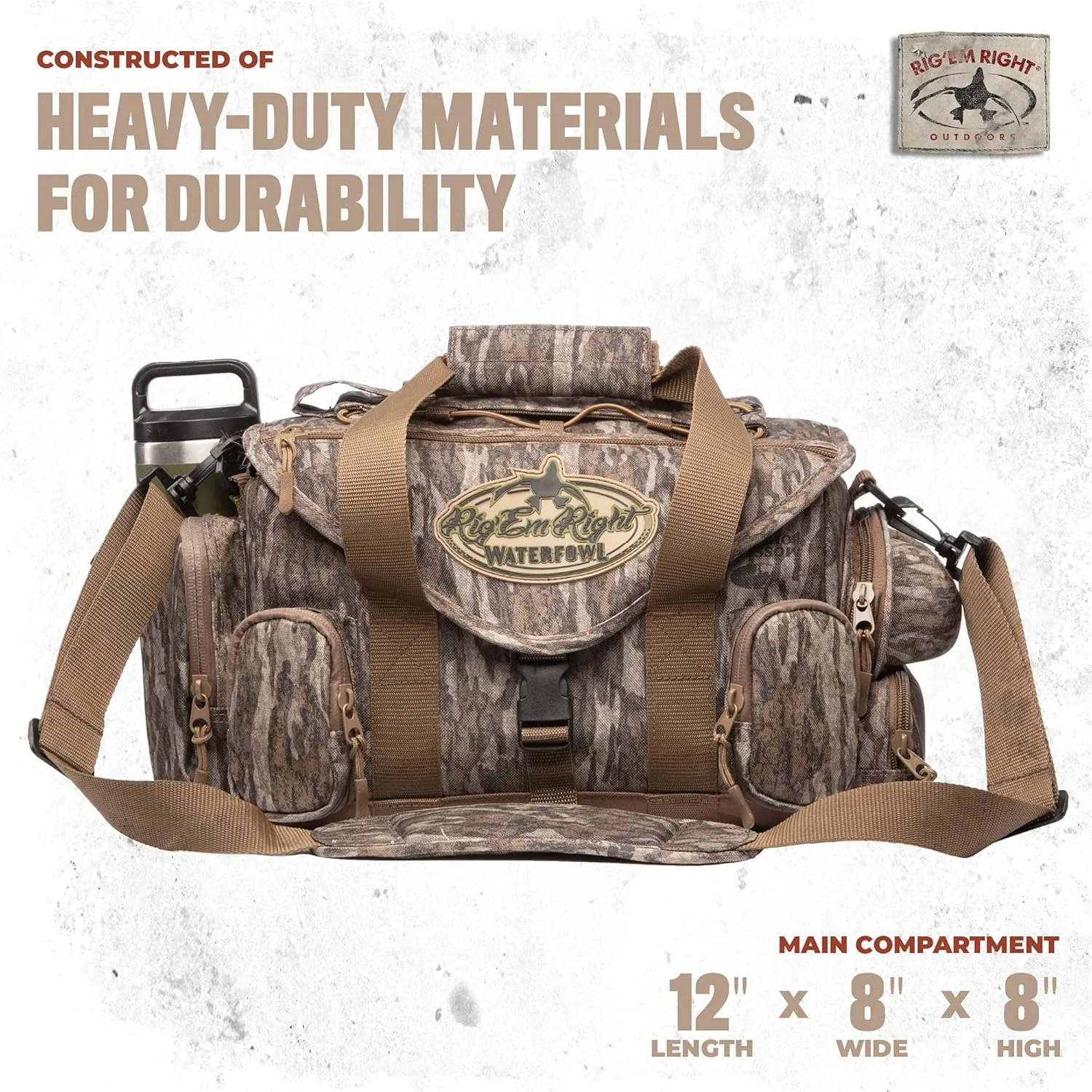 Rig'Em Right Waterfowl Standard Shell Shocker Duck Hunting Blind Bag with Sunglasses Case, Drink Holder, Ammo Compartment and More (Mossy Oak Bottom Lands Camo)