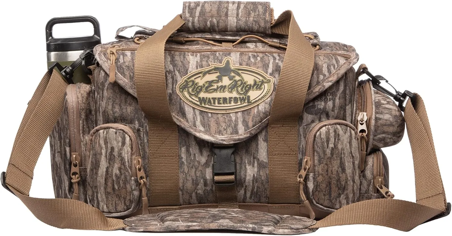 Rig'Em Right Waterfowl Standard Shell Shocker Duck Hunting Blind Bag with Sunglasses Case, Drink Holder, Ammo Compartment and More (Mossy Oak Bottom Lands Camo)