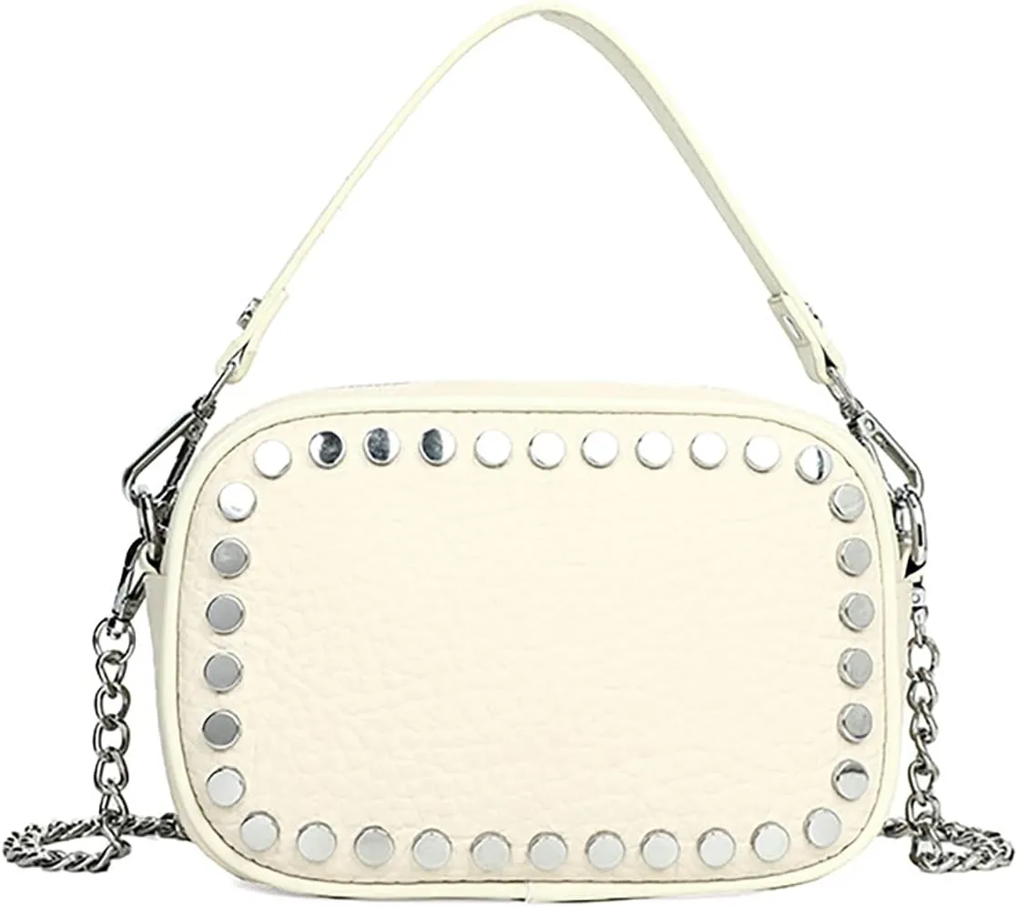 Rivet Studded Design Real Genuine Leather Crossbody Handbag For Women Top-Handle Purses with Silver Chain Strap