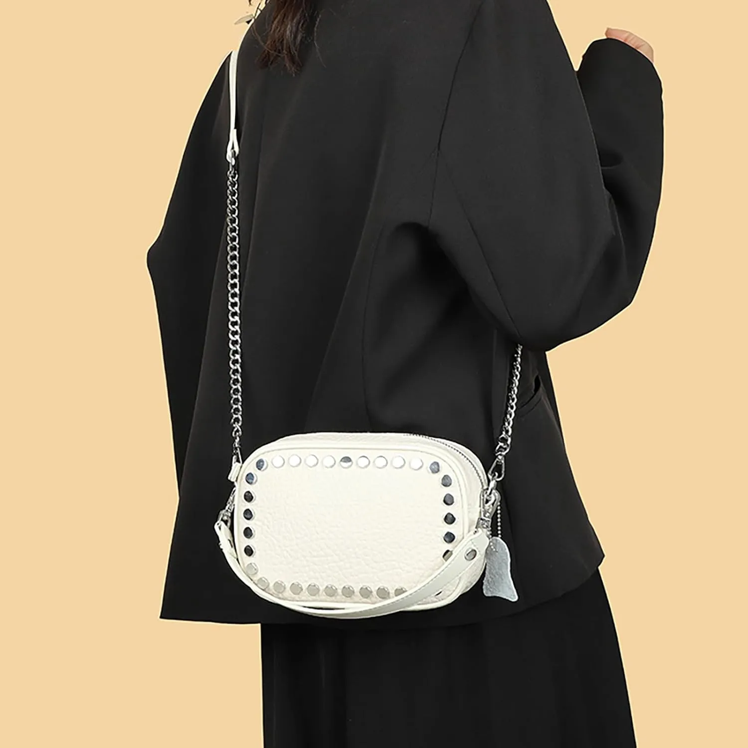 Rivet Studded Design Real Genuine Leather Crossbody Handbag For Women Top-Handle Purses with Silver Chain Strap