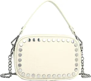 Rivet Studded Design Real Genuine Leather Crossbody Handbag For Women Top-Handle Purses with Silver Chain Strap