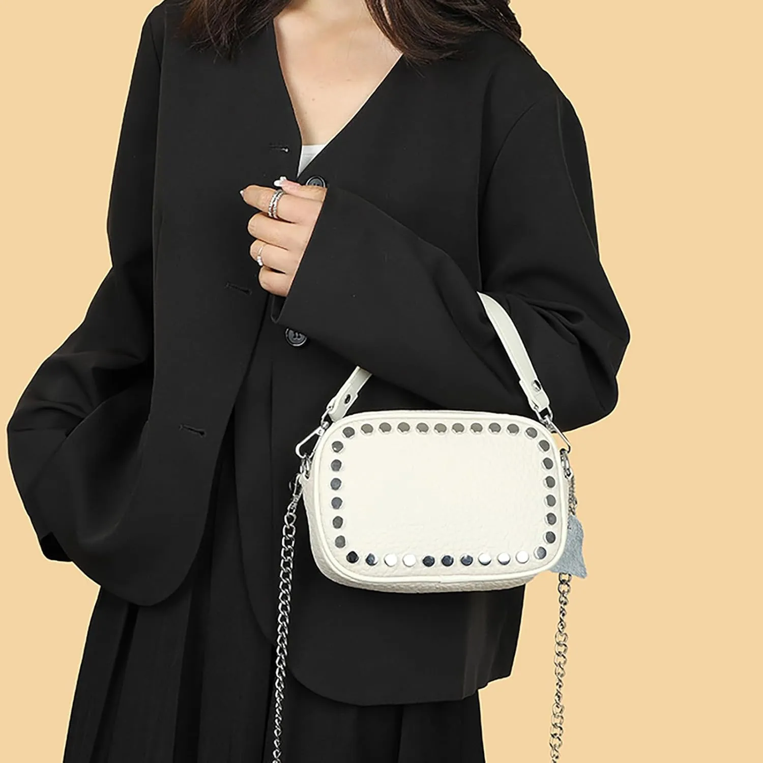 Rivet Studded Design Real Genuine Leather Crossbody Handbag For Women Top-Handle Purses with Silver Chain Strap