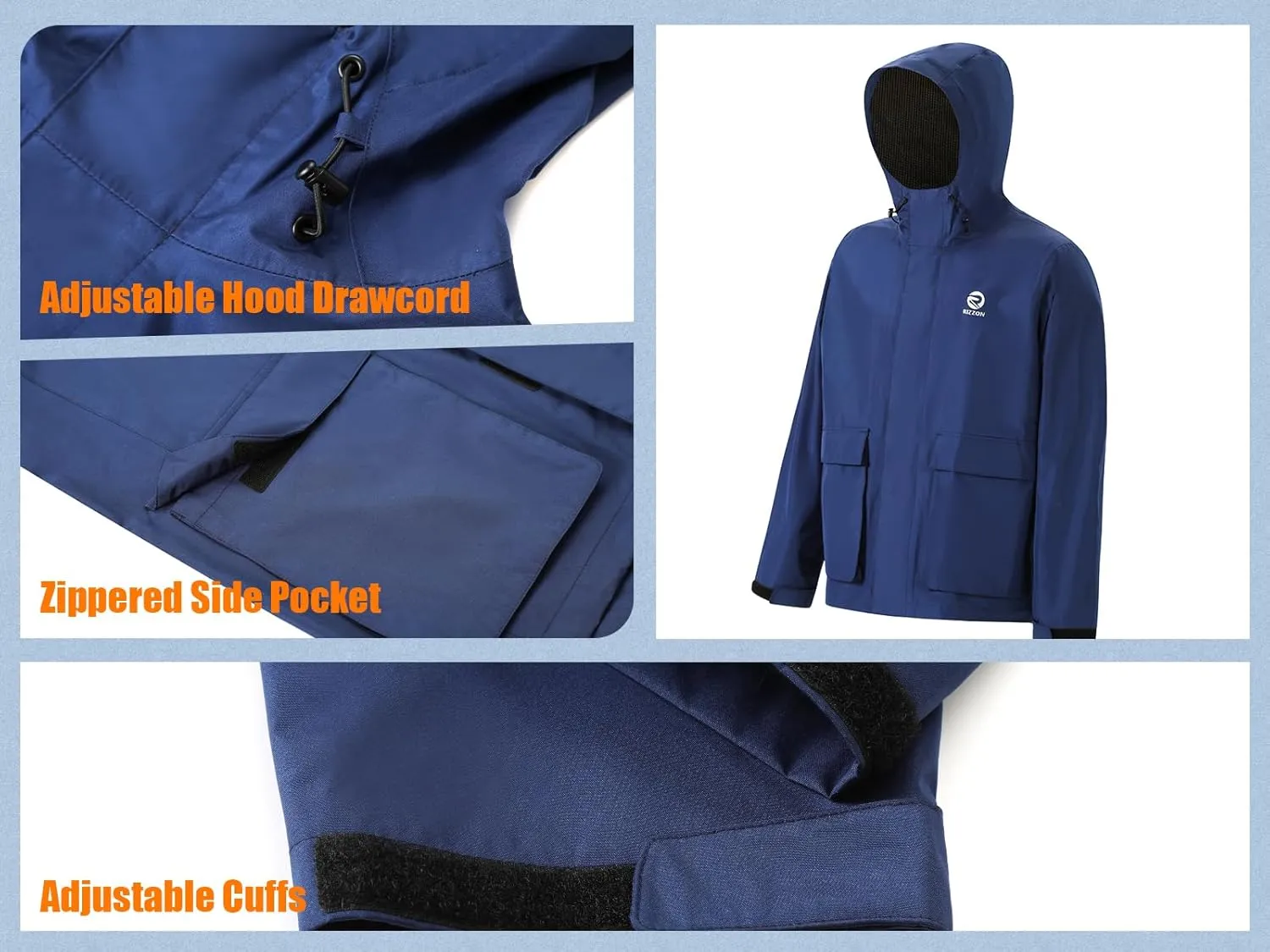 Rizzon Fishing Rain Suit for Men Waterproof Sailing Rain Jacket Bib Pants With Hood Foul Weather Gear