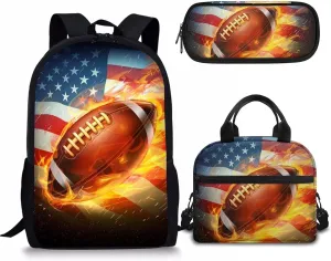 Rnyleeg Kids Backpack 3 In 1 American Flag Rugby Football Print Boys Preschool Bookbag School Bag Set with Thermal Lunch Box Pencil Holder