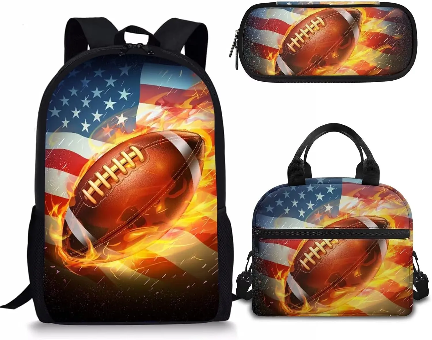 Rnyleeg Kids Backpack 3 In 1 American Flag Rugby Football Print Boys Preschool Bookbag School Bag Set with Thermal Lunch Box Pencil Holder