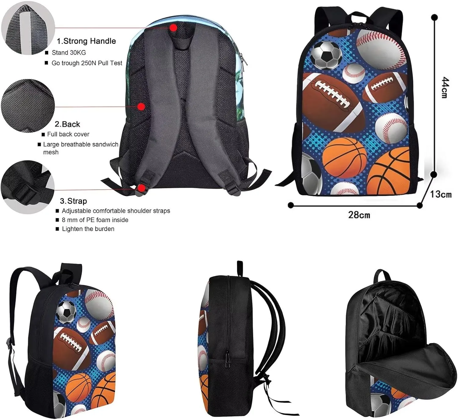 Rnyleeg Kids Backpack 3 In 1 American Flag Rugby Football Print Boys Preschool Bookbag School Bag Set with Thermal Lunch Box Pencil Holder