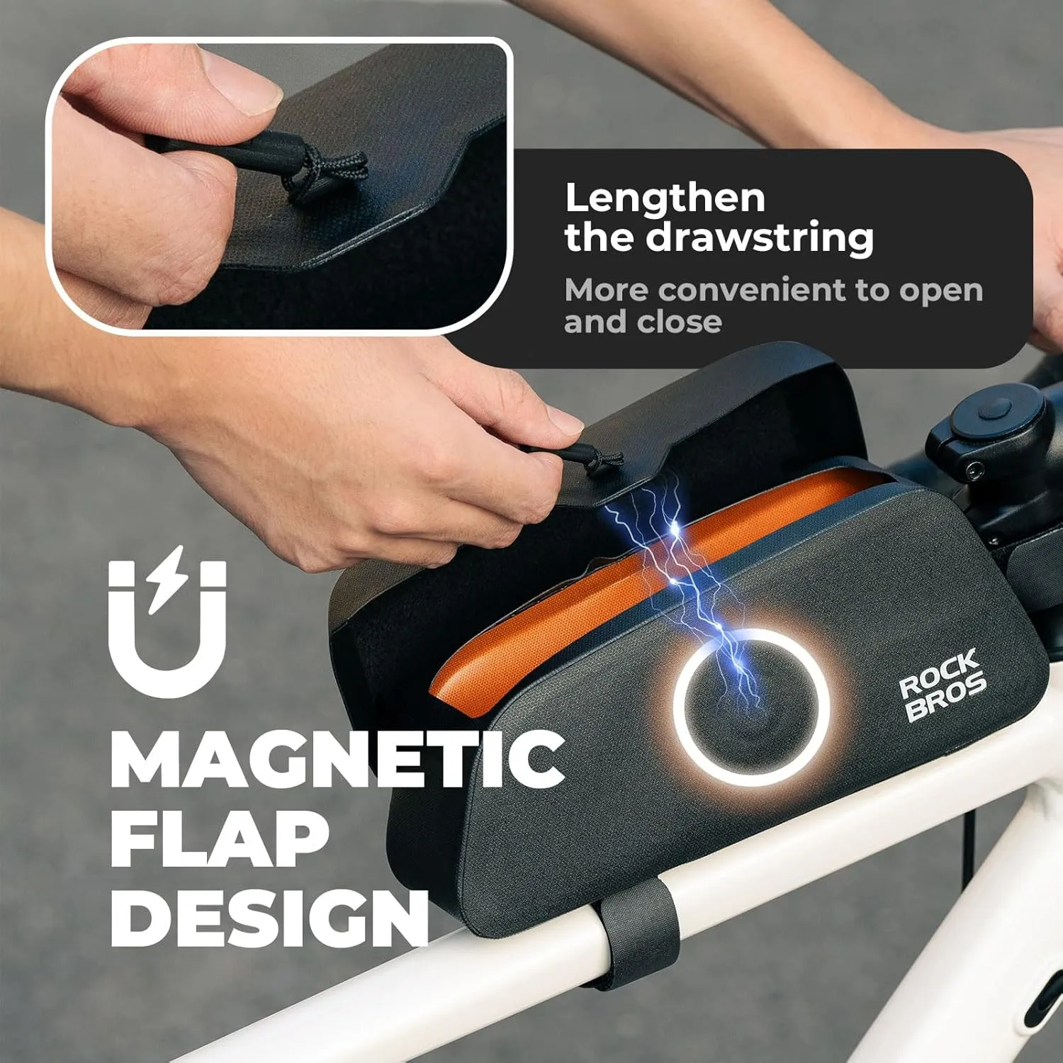 ROCKBROS Bike Frame Bag with Magnetic Flap Top Tube Bike Bag Waterproof Bike Packing Cycling Tools Storage Bag for Road MTB Bike L