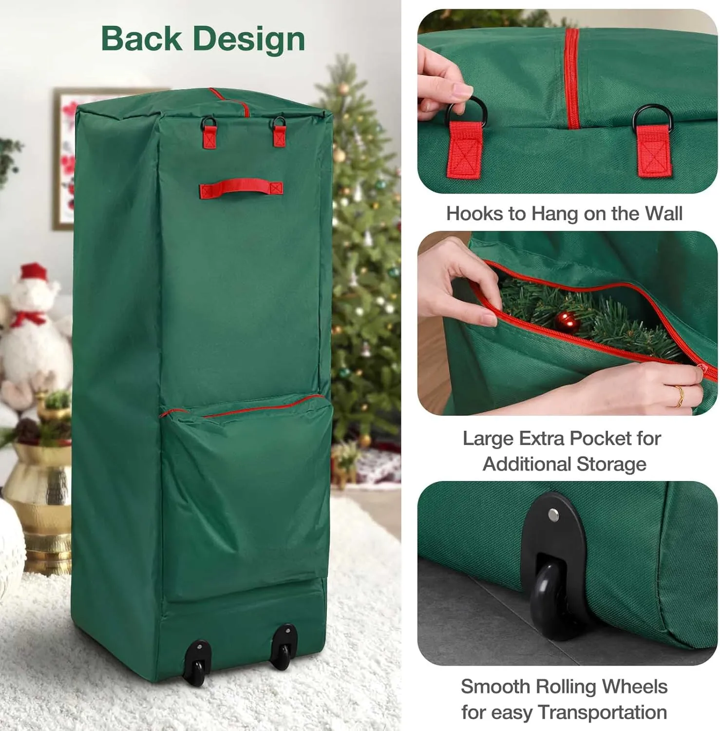 Rolling Christmas Tree Storage Bag - Storage for 9-Foot Christmas tree bag, Durable Handles and Wheels - Large Christmas Tree Box Heavy Duty Xmas Storage Container (Green, 9FT)