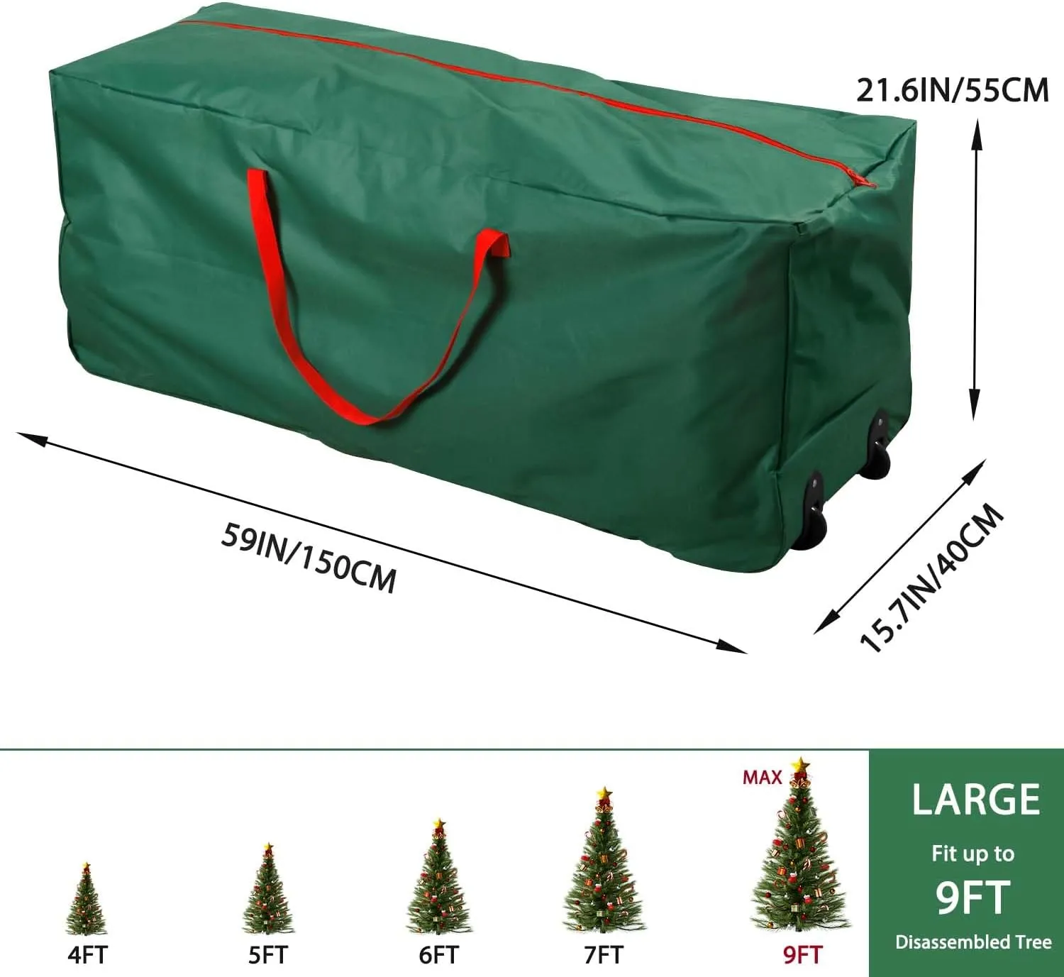 Rolling Christmas Tree Storage Bag - Storage for 9-Foot Christmas tree bag, Durable Handles and Wheels - Large Christmas Tree Box Heavy Duty Xmas Storage Container (Green, 9FT)