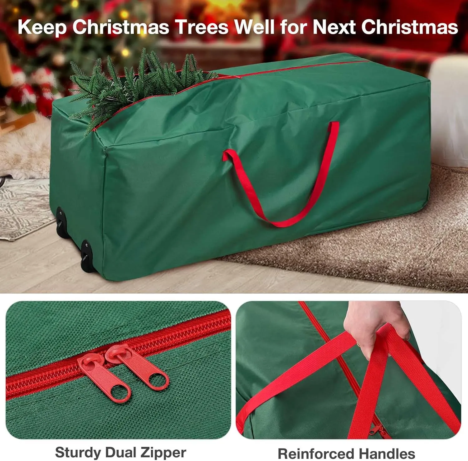 Rolling Christmas Tree Storage Bag - Storage for 9-Foot Christmas tree bag, Durable Handles and Wheels - Large Christmas Tree Box Heavy Duty Xmas Storage Container (Green, 9FT)
