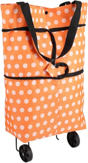 Rolling Shopping Bag with Wheels, Foldable Dual Purpose Wheeled Shopping Bag Made of Oxford Cloth, 2 in 1 Portable Shopping Bag, Rolling Trolley, Shopping Box(Orange dots)