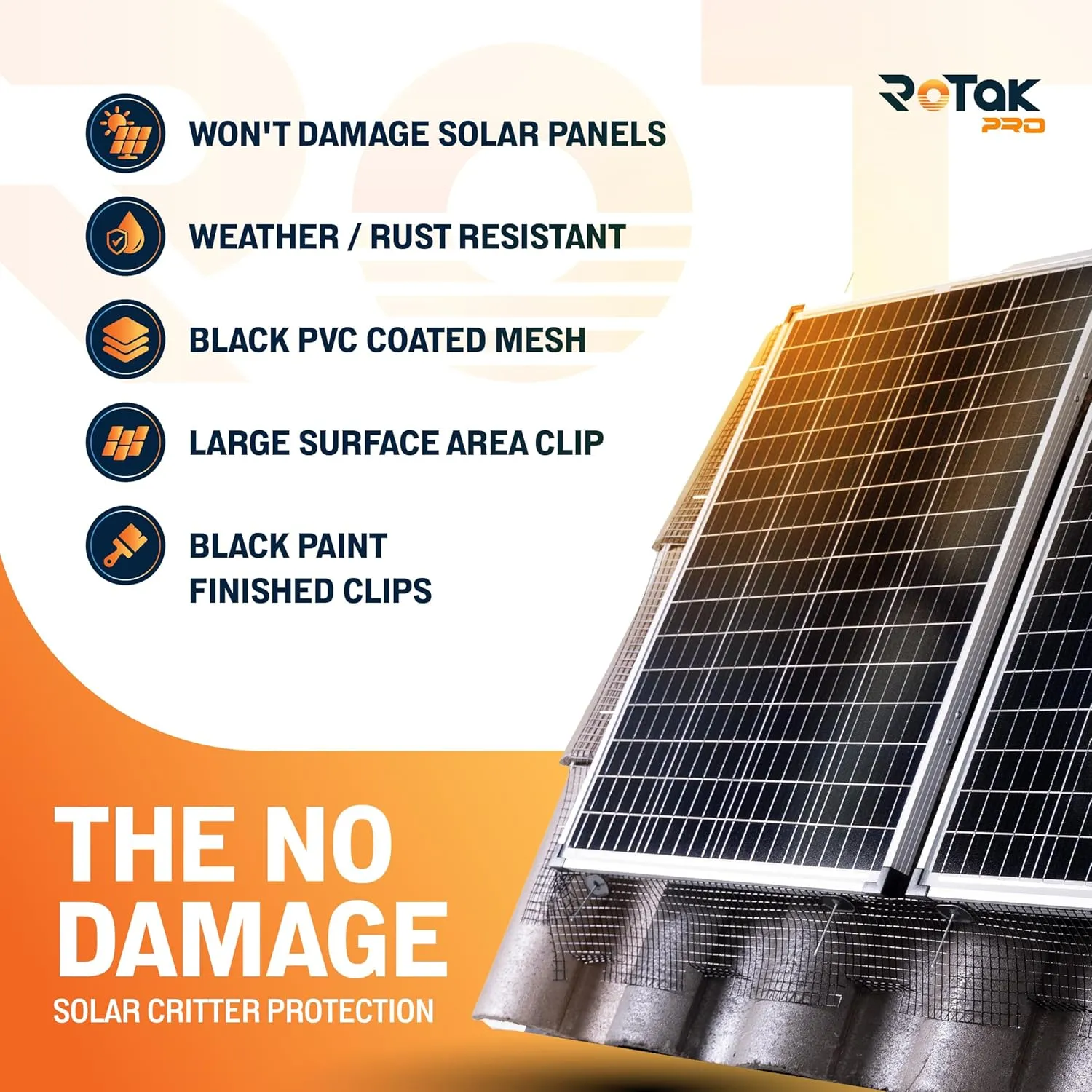 Rotak Critter Guard PRO - 8in x 100ft Solar Panel Bird Prevention Roll Kit with 100 Fastener Clips - Heavy Duty Galvanized Black PVC Coated ½ inch Wire Roll Mesh (8" PRO   100 Clips)