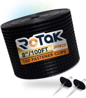 Rotak Critter Guard PRO - 8in x 100ft Solar Panel Bird Prevention Roll Kit with 100 Fastener Clips - Heavy Duty Galvanized Black PVC Coated ½ inch Wire Roll Mesh (8" PRO   100 Clips)
