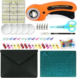 Rotary Cutter Set 96pcs,Quilting Kit Include 45mm Fabric Cutter with 5 Extra Blades,Patchwork Ruler, Needles, Clips & Pins for Sewing, Scrapbooking, Leather Dressmaking