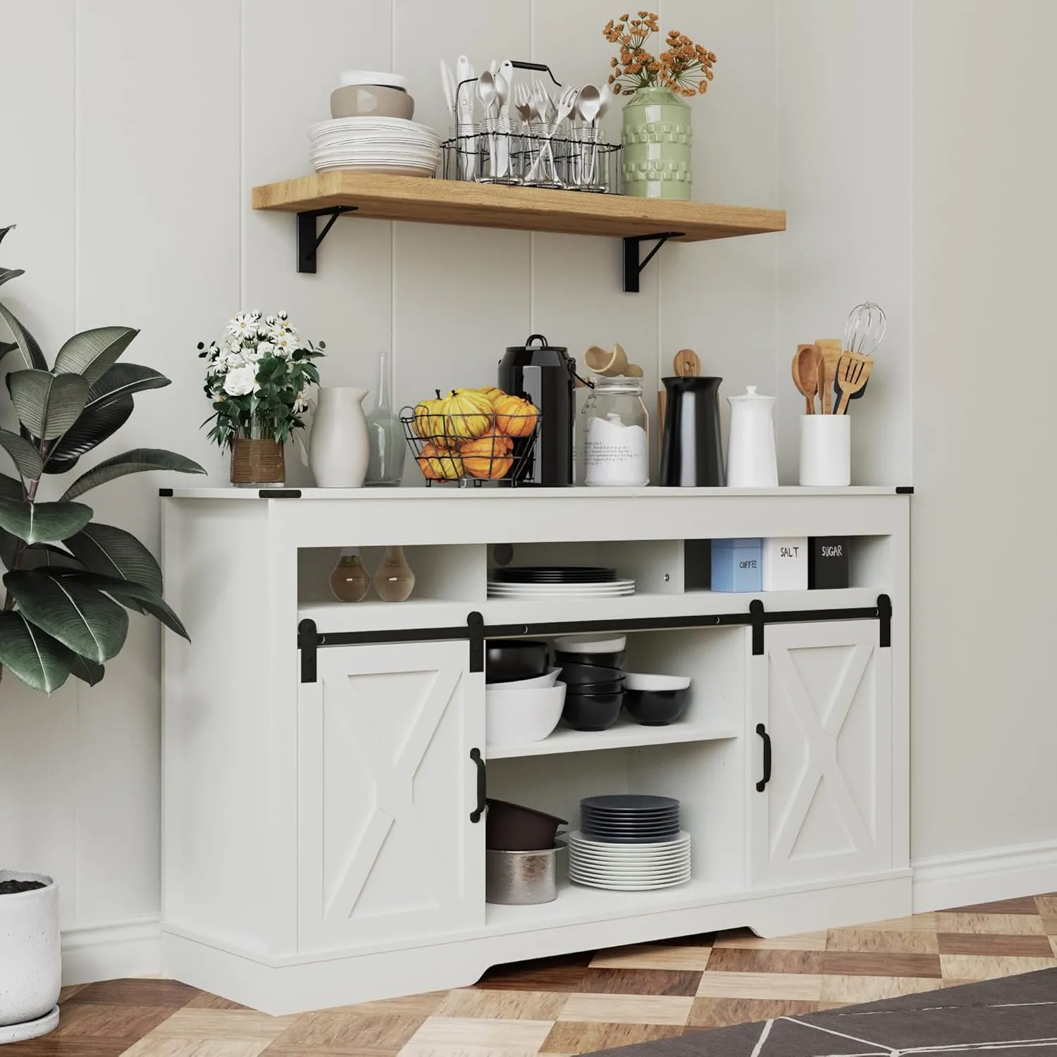 RoyalCraft Farmhouse TV Stand with Sliding Barn Door for TVs up to 65  Inch, 34" Tall Entertainment Center, Wood Media Console Storage Cabinet for Bedroom, Living Room, White