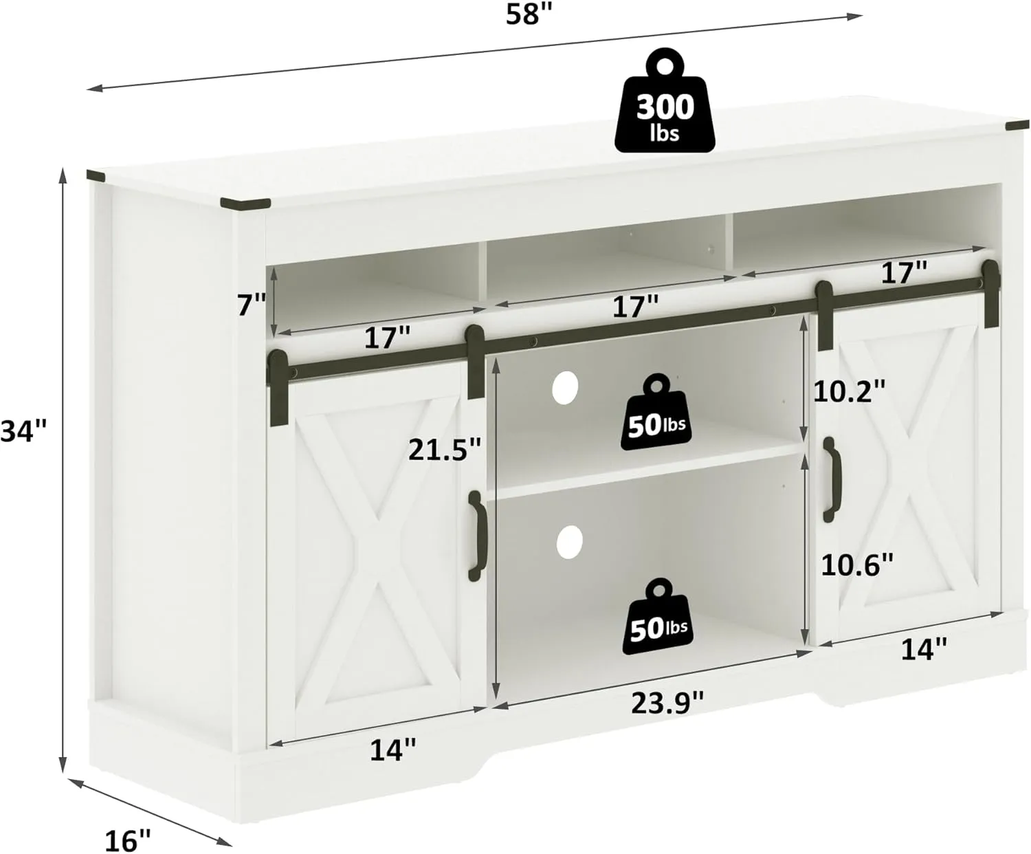 RoyalCraft Farmhouse TV Stand with Sliding Barn Door for TVs up to 65  Inch, 34" Tall Entertainment Center, Wood Media Console Storage Cabinet for Bedroom, Living Room, White