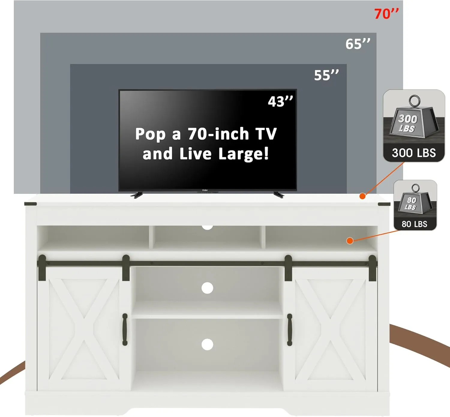 RoyalCraft Farmhouse TV Stand with Sliding Barn Door for TVs up to 65  Inch, 34" Tall Entertainment Center, Wood Media Console Storage Cabinet for Bedroom, Living Room, White