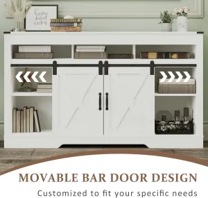 RoyalCraft Farmhouse TV Stand with Sliding Barn Door for TVs up to 65  Inch, 34" Tall Entertainment Center, Wood Media Console Storage Cabinet for Bedroom, Living Room, White