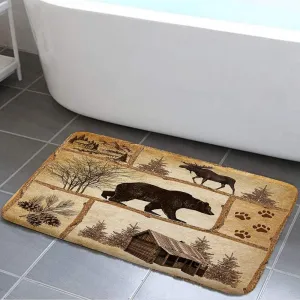 Rustic Cabin Bath Rug, Farmhouse Country Antique Bear Moose Forest Vintage Wood Decor Non Slip Bath Mats,Hunting Camping Bath Rug Sets for Bathroom Bedroom Kitchen Outdoor Indoor 17x29 Inch