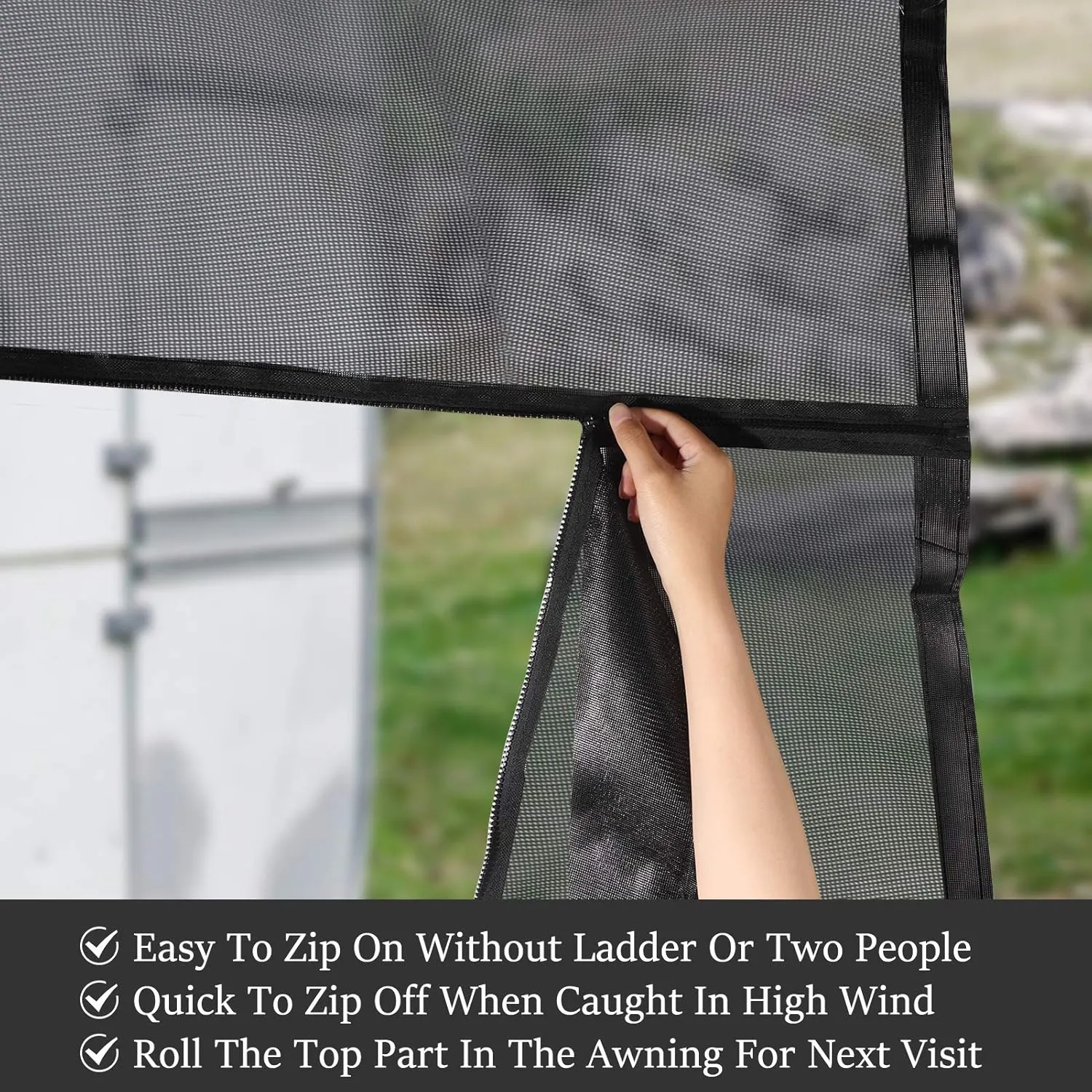 RV Awning Sun Shade Screen with Zipper Sunshade 14' x 9'（Fit for 15', RV Awning Screen Camper Trailer Black Mesh UV Blocker Complete Kits, Provide Shadew and Privacy