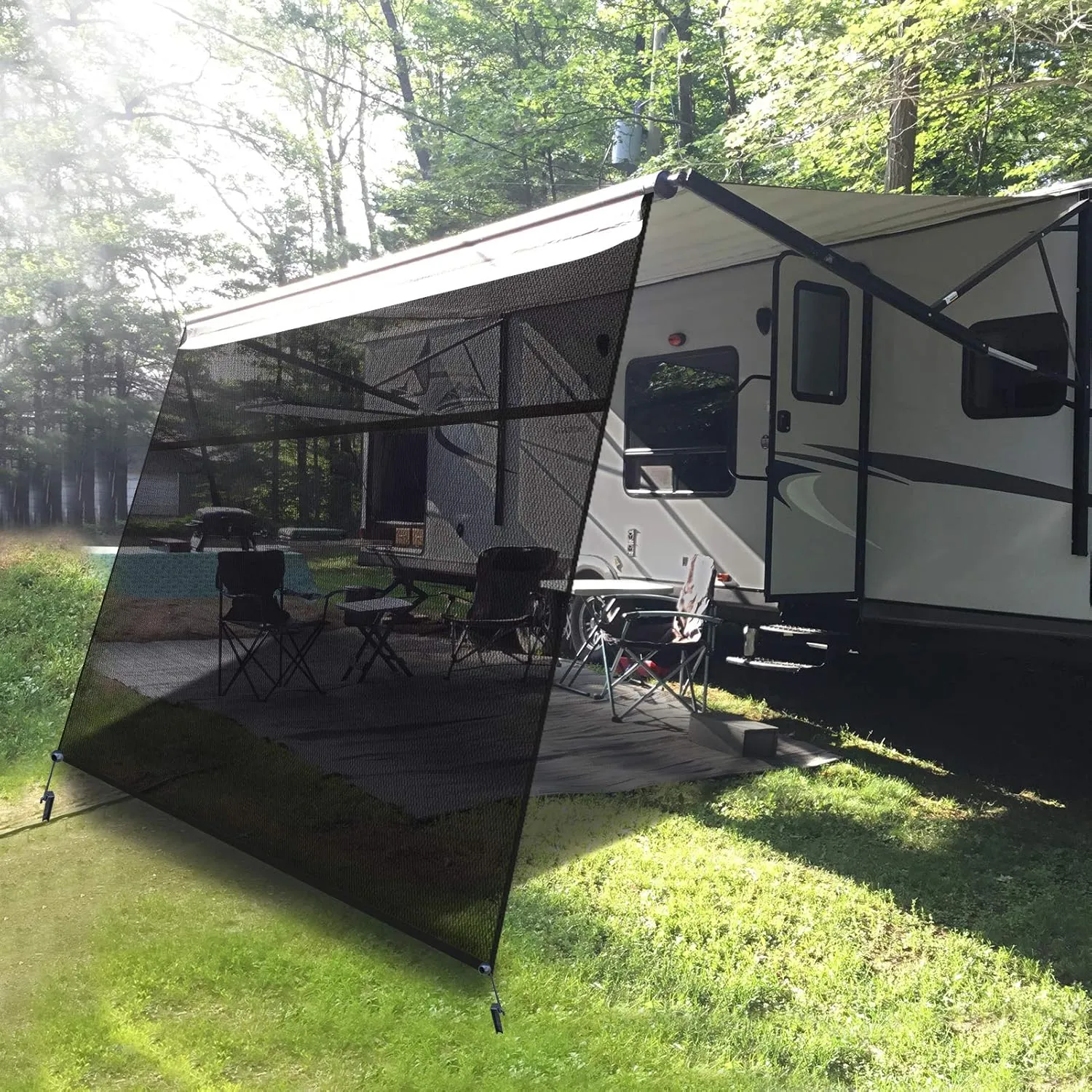 RV Awning Sun Shade Screen with Zipper Sunshade 14' x 9'（Fit for 15', RV Awning Screen Camper Trailer Black Mesh UV Blocker Complete Kits, Provide Shadew and Privacy