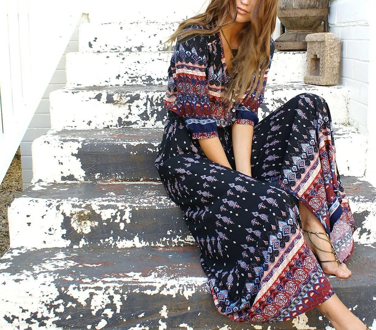 R.Vivimos Women's Summer Boho Button Up V Neck Floral Print Roll Up Causal Split Beach Midi Dresses